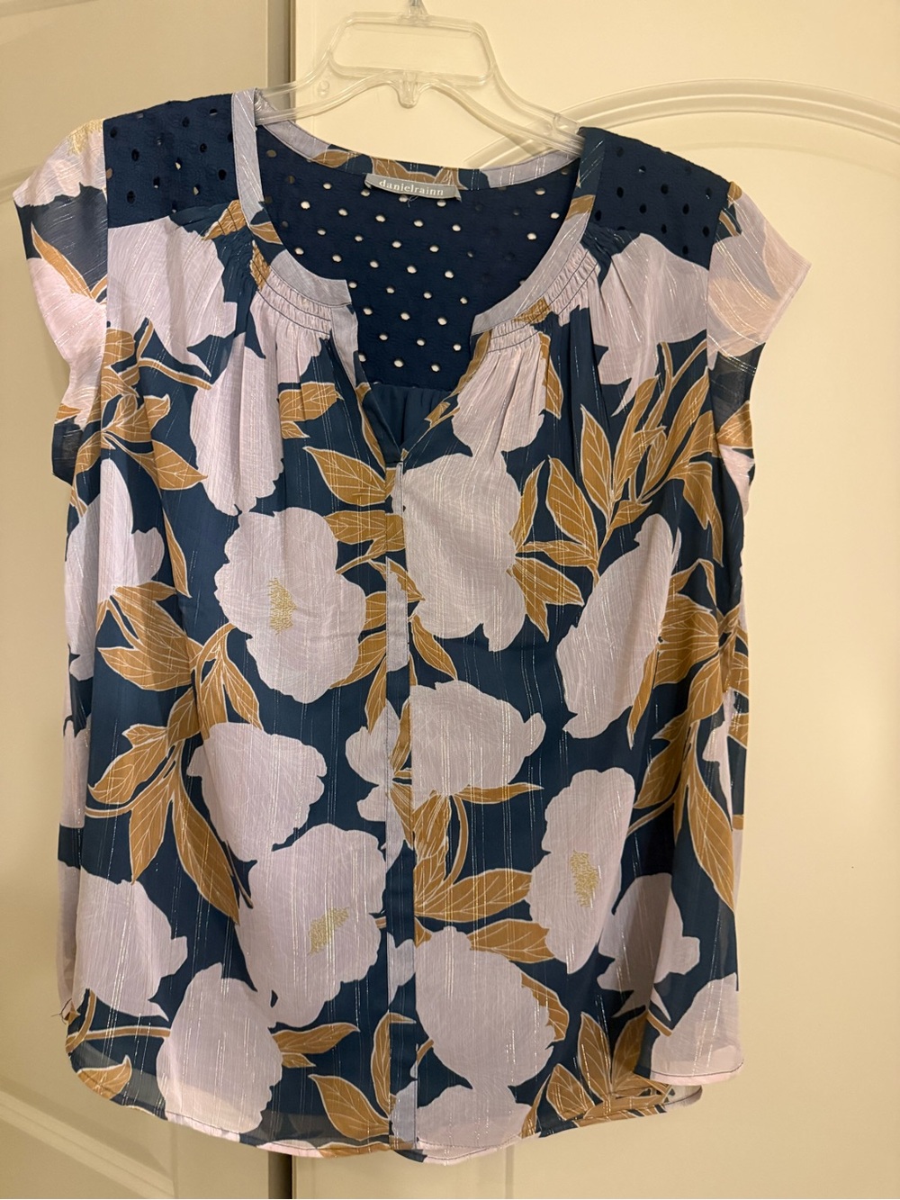 Daniel Rainn Navy Floral Cap-Sleeve Blouse with Gold Leaves